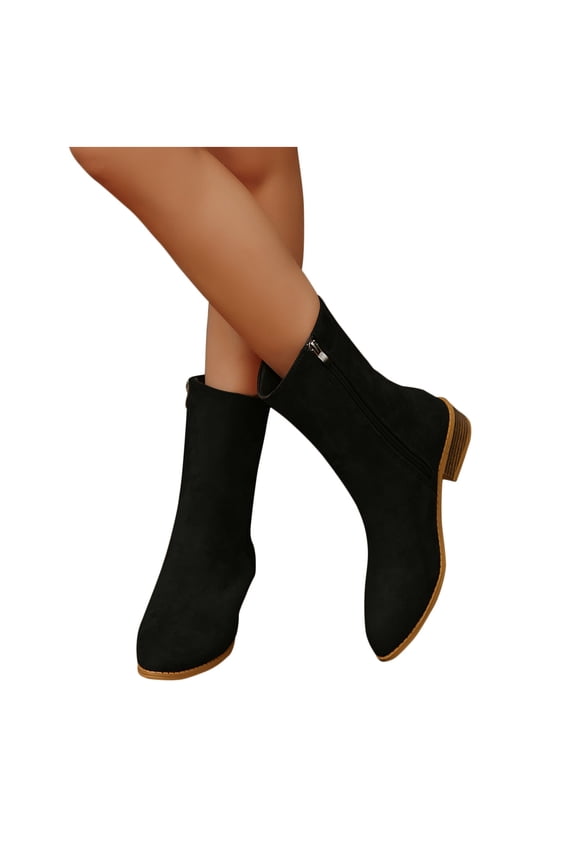 Womens Black Mid-Calf Boots Size 39 (US 7) - Comfortable Flock Material, Low Block Heel, Side Zipper, Casual Daily Wear for Women - Walmart