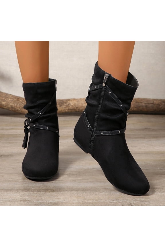 Womens Black Mid-Calf Boots - Slouchy Flock Style, Flat Heel, Studded Strap & Tassel, Side Zipper, Comfortable for Daily Wear (Size 43)