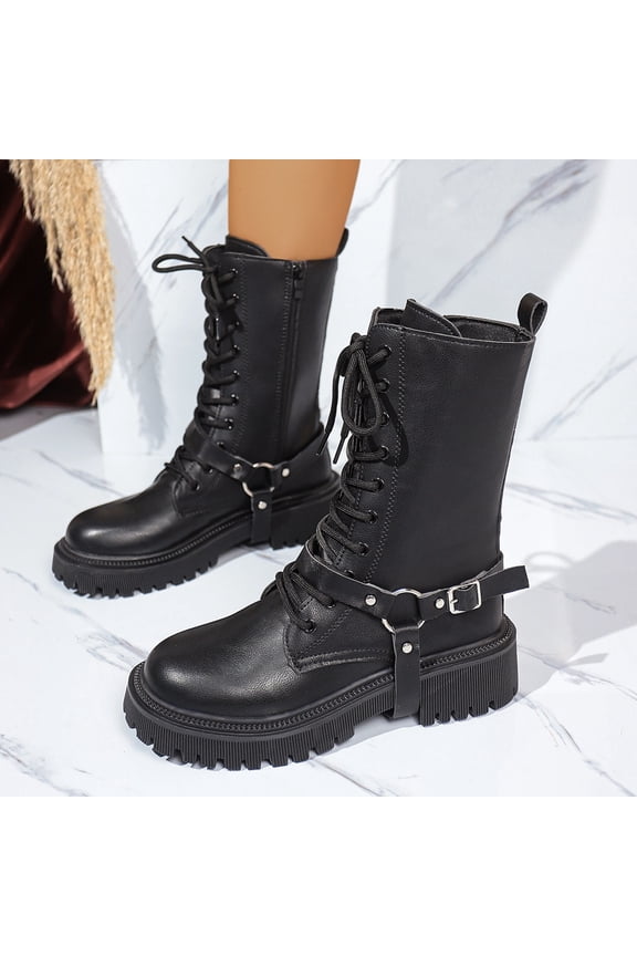 Womens Black Mid Calf Combat Boots - Chunky Platform, PU, Lace-Up/Side Zip, Adjustable Ankle Buckle, Round Toe, Size 40 (US 8)