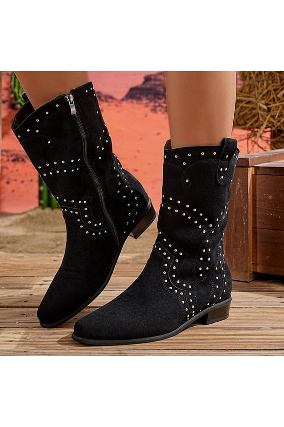 Womens Black Mid-Calf Cowboy Boots - Silver Rivets, Flock Material, Square Toe, Low Block Heel, Size 36, Comfortable Western Style with Pull Tab