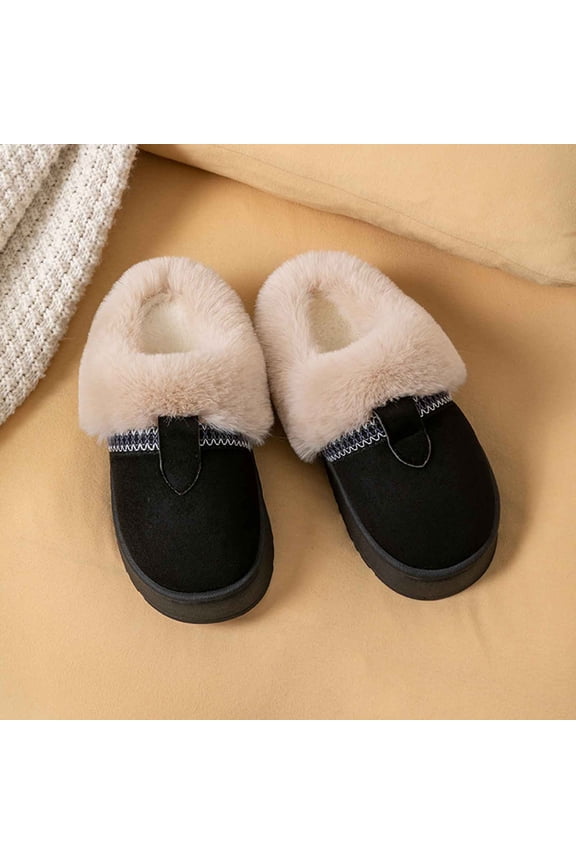 Womens Black Platform Mule Slippers - Fuzzy Pl-sh Collar, Warm Flock Material, Closed-Toe Comfortable for Indoor & Outdoor Cold Seasons,Size 40
