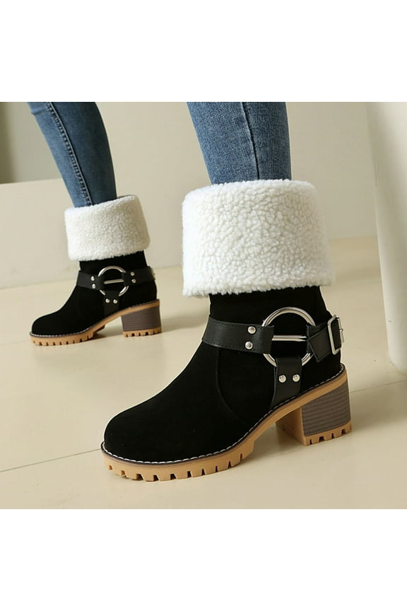 Womens Black Size 36 Winter Boots - Faux Shearling Cuff Warmth, Block Heel Comfort, Suede-Like PU, Slip-Resistant Treaded Outsole Pull-On Style