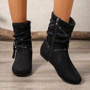 AVRNLIQ Womens Black Slouch Mid-Calf Boots - Flock, Flat Heel, Studded Straps & Tassel, Side Zipper, Comfortable for Daily/Casual Wear Size 41