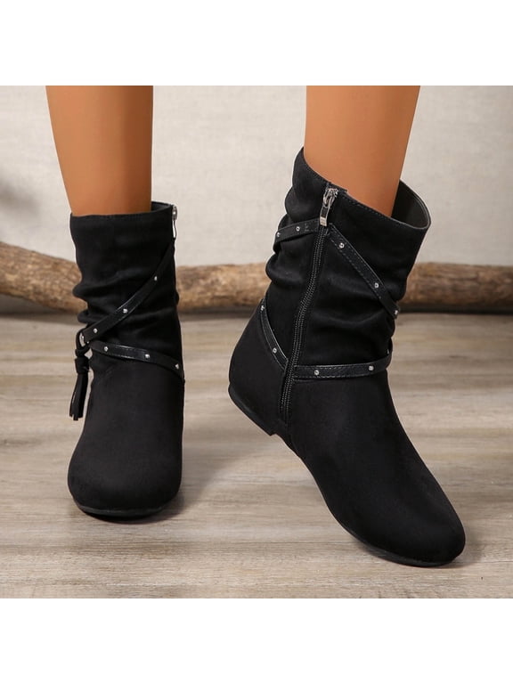Womens Black Slouch Mid-Calf Boots - Flock, Flat Heel, Studded Straps & Tassel, Side Zipper, Comfortable for Daily/Casual Wear (Size 41)