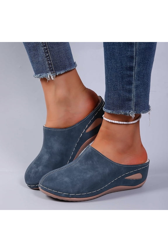 Womens Blue Flock House Slippers - Mule Style with Warm Pl-sh Lining, Arch Support, US 5.5-9.5, Indoor Outdoor Comfort,Size 36