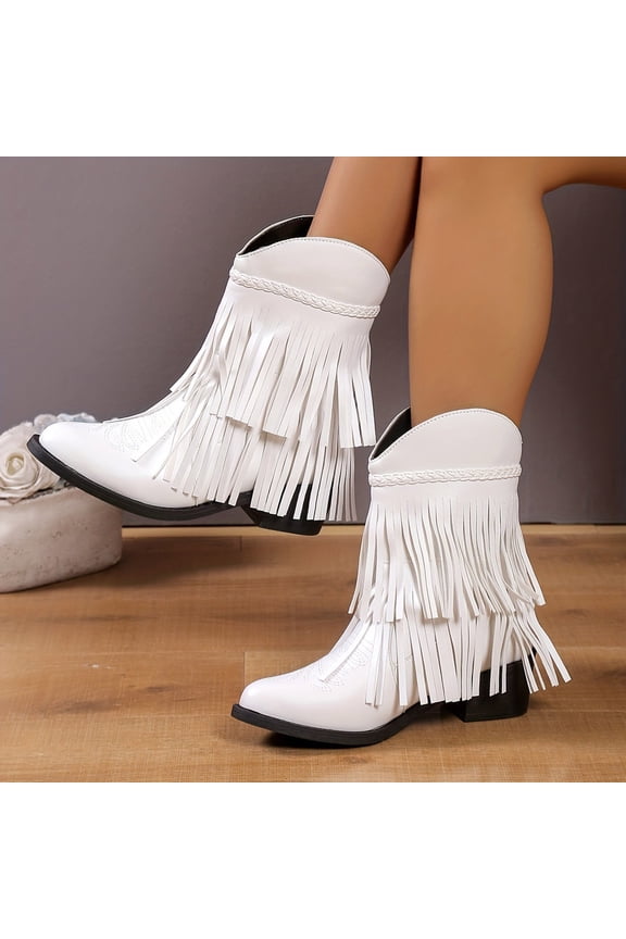 Womens Bohemian Fringe Western Boots - White, Size 41, Comfortable PU, Pointed Toe with Braided Trim, Double-Layer Fringe for Western-Themed Events & Daily Wear