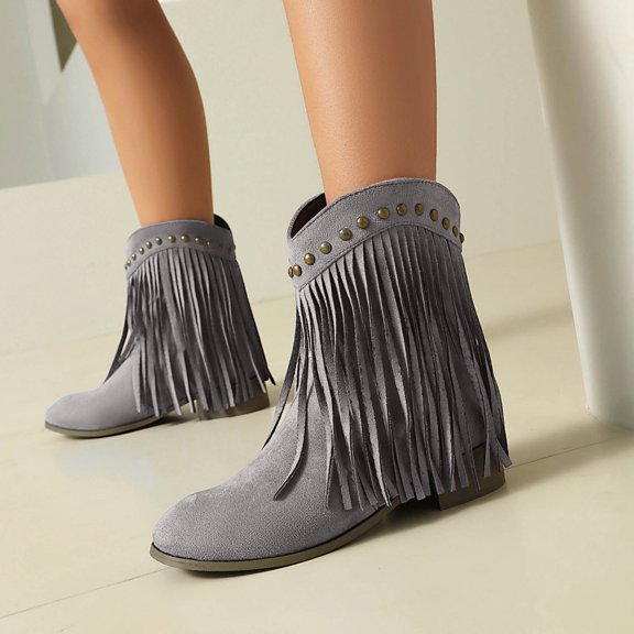 SUNVIT Womens Bohemian Western Fringe Boots, Flock Material with Golden Studs, Gray Color, Size 42 (EU), All-Day Comfort for Festivals & Everyday Outfits
