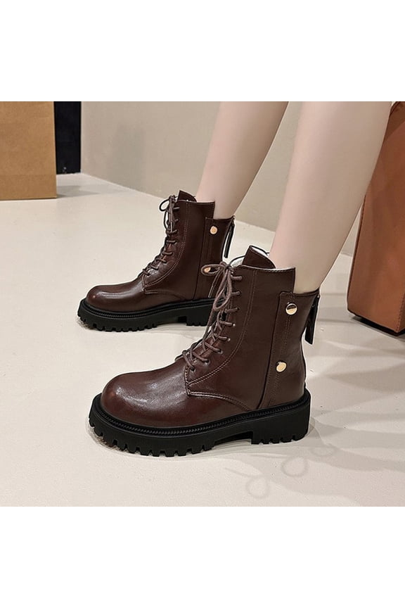 Womens Brown Faux Faux Leather Combat Boots - Cushioned Thick Sole, Lace-Up & Side Zipper, US Size 10.5 (Asian 41) for Casual Daily Wear