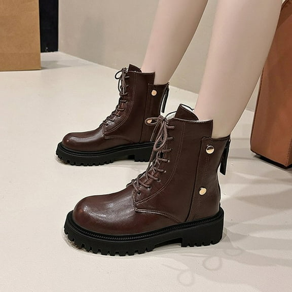 SUNVIT Womens Brown Faux Faux Leather Combat Boots - Thick Cushioned Sole, Side Zipper & Lace-Up, US Size 6.5 (Asian 37) for Daily Casual Wear