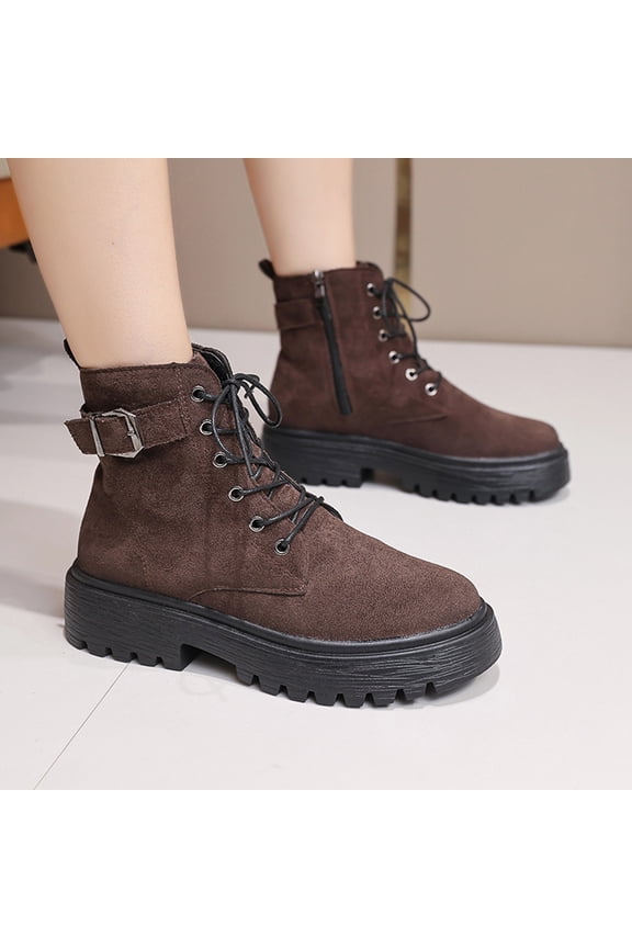 Womens Brown Flock Ankle Boots - Lace-Up Buckle Detail, Thick Sole, Comfortable for Everyday Wear, EU Size 36