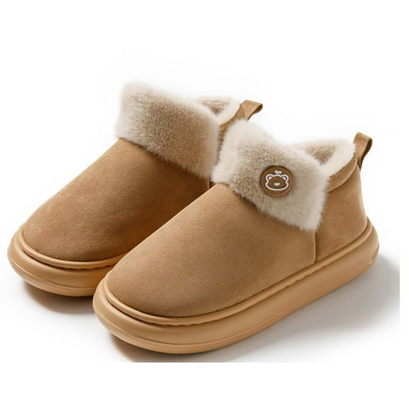 SUNVIT Womens Brown Pl-sh Faux Faux Fur Collar Slippers - Bear Accent, Non-Slip Indoor Outdoor Use, Thick Cushioned Sole, Mid-Top Ankle Cozy Footwear for Daily Wear,Size 36