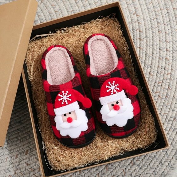 SUNVIT Womens Christmas Slippers, Red Bu-lo Plaid with 3D Santa, Cozy Fleece-Lined Non-Slip Sole, Gift Box Packaging, Festive Ho-me Wear & Gifting,Size 36