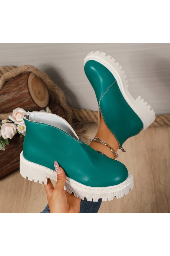 Womens Chunky Platform Ankle Boots - Green, Size 36, PU Faux Leather with Side Zipper, Trendy Comfortable Style for Fall/Casual Wear