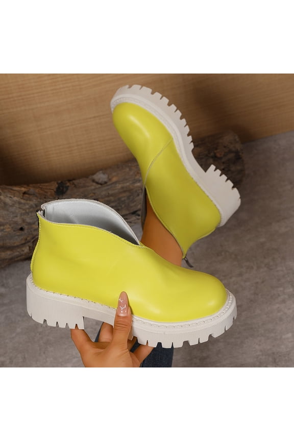 Womens Chunky Platform Ankle Boots - Size 39 Yellow, PU Faux Leather Upper with Side Zipper, Comfortable Non-Slip Sole, Trendy for Fall/Spring Casual Wear