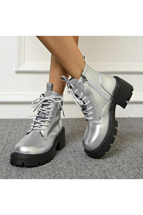 Womens Chunky Platform Combat Boots - Silver, Size 42, PU Upper, Lace-Up with Buckle, Easy-Care & All-Day Comfort for Casual/Edgy Outfits