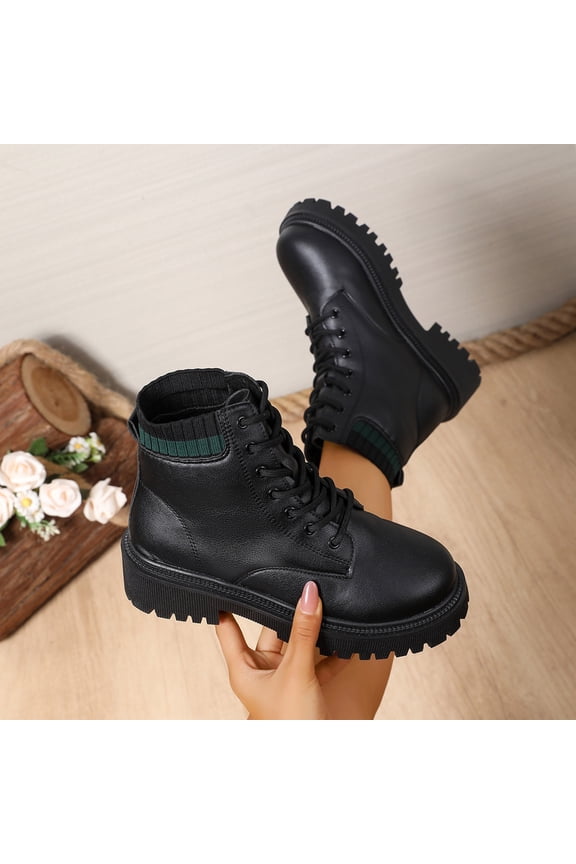 Womens Chunky Retro Ankle Boots - Army Green, Knit Sock Collar, Lace-Up, Easy-Clean PU, Anti-Slip Sole, Size 40 - Casual Daily/School/Shopping