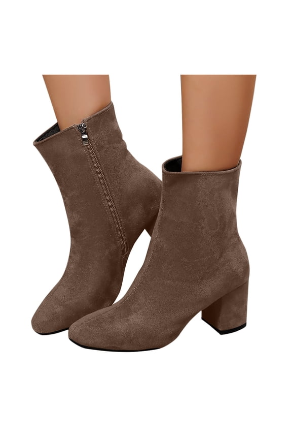 Womens Coffee Flock Ankle Boots - Pointed Toe, Side Zip, Block Heel, Comfortable, Size 36 - For Daily Wear, Office & Casual Occasions
