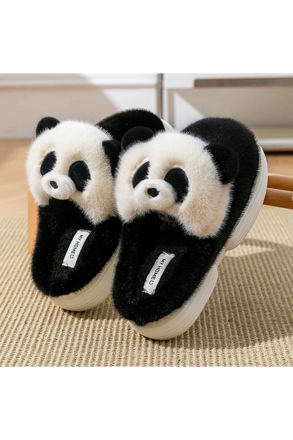 Womens Cute 3D Panda Face Pl-sh Flock Slip-on Slippers - Black Platform Sole, Warm Indoor Home Slippers for Female,Size 36