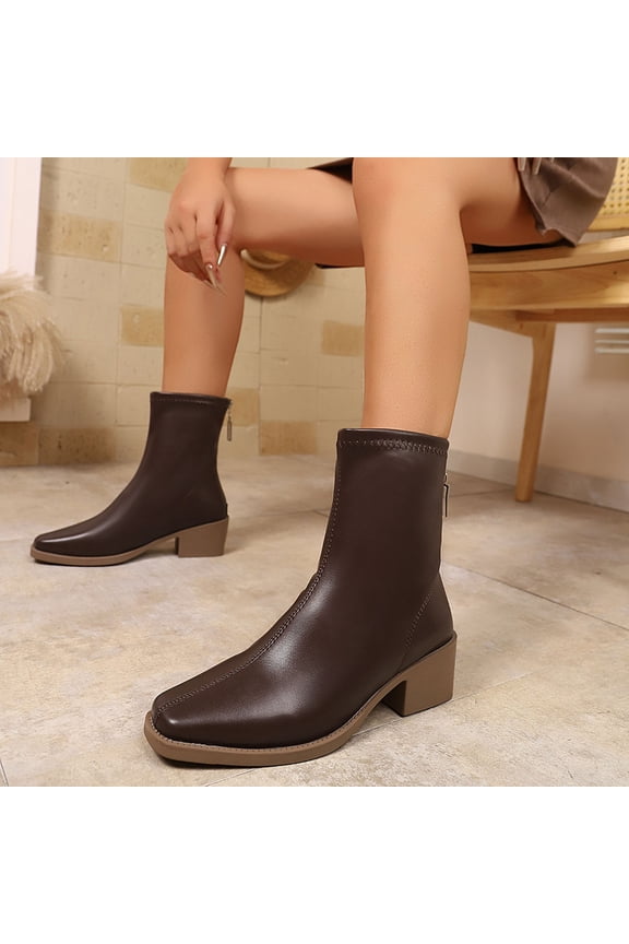 Womens Extended Size 42 Brown Ankle Boots - PU Faux Leather, Square Toe Block Heel, Rear Zipper, Comfortable All-Day Wear for Casual & Work