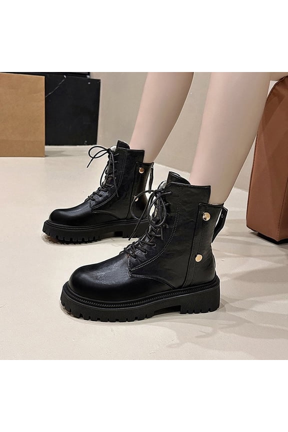 Womens Faux Faux Leather Combat Boots Black - Thick Sole, Side Zipper & Lace-Up with Metal Buttons, US 10 (EU 41), Comfortable for Daily & Casual Wear