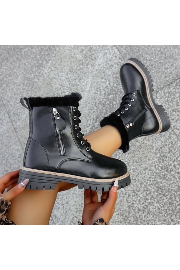 Womens Fleece Lined Black Combat Boots Size 39 - PU Faux Leather, Side Zipper & Lace-Up, Chunky Rubber Sole for Warmth & Cold Weather Casual Use