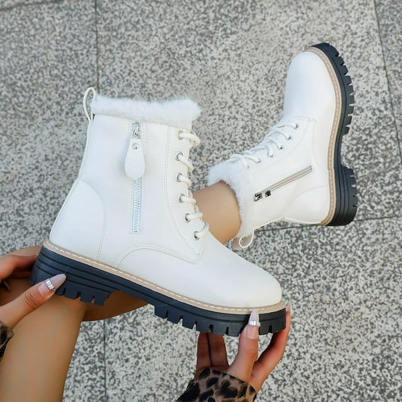 SUNVIT Womens Fleece-Lined Warm Combat Boots Size 39 (US 8) - Beige PU Faux Leather, Lace-Up w/Side Zipper, Chunky Sole for Cold Weather