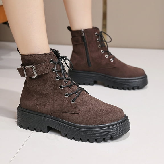 SUNVIT Womens Flock Ankle Boots - Brown, Lace-Up with Buckle Detail, Thick Sole for Comfort, Everyday & Casual Use, EU Size 42