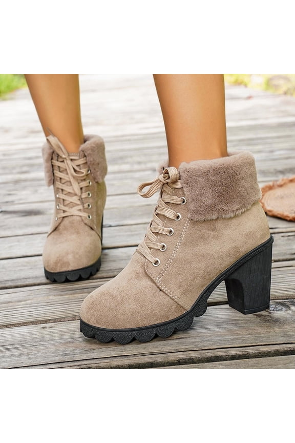Womens Flock Ankle Boots - Faux Fur Lined Winter Warm, Khaki, Size 41 (US 10), Chunky Heel Lace Up, Suitable for Cold Weather Daily Wear