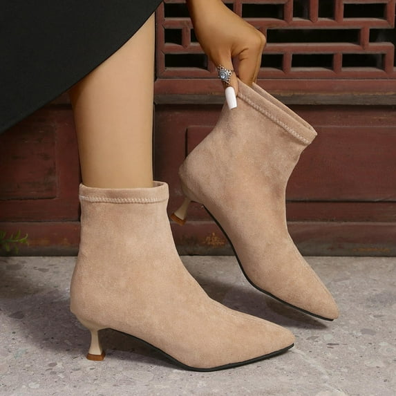 SUNVIT Womens Flock Ankle Boots - Pointed Toe Kitten Heel, Khaki Color, Size 36, Comfortable Durable for Office/Casual/Dinners