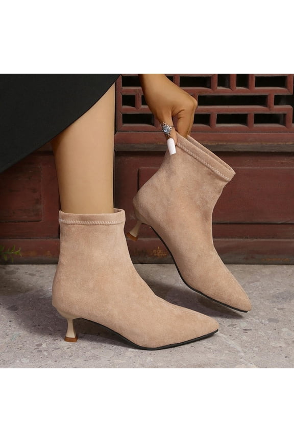 Womens Khaki Flock Ankle Boots - Pointed Toe Kitten Heel, Size 40, Comfortable Durable for Daily Commute/Casual Outings/Semi-Formal Dinners