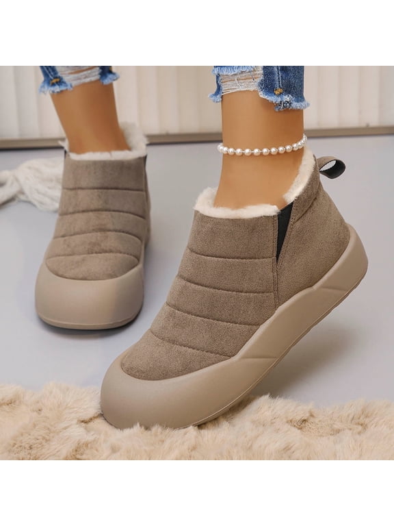 AVRNLIQ Womens Khaki Flock Mid-Top Winter Shoes - Plush Lined, Thick Sole, Easy On/Off Pull Tab, Warm Casual Style, Size 41