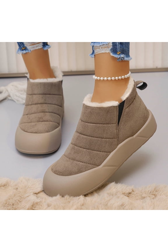 Womens Khaki Flock Upper Plush Lined Mid-Top Winter Casual Shoes - Thick Sole, Easy On/Off Pull Tab, Warm, Size 36