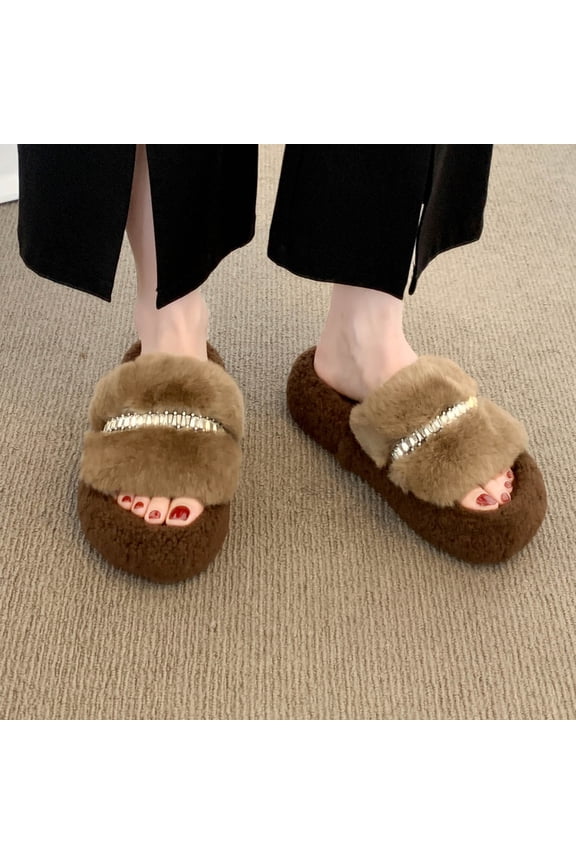 Womens Khaki Fuzzy Slippers - Chunky Pl-sh Sole, Non-Slip with Rhinestone Accent for Indoor Outdoor Fall Winter,Size 37