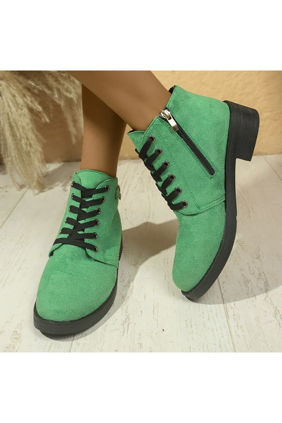 Womens Low Block Heel Green Ankle Boots - Size 41, Flock Material, Lace-Up with Side Zipper, Comfortable Style & Heart Ornament for Daily/Office Wear