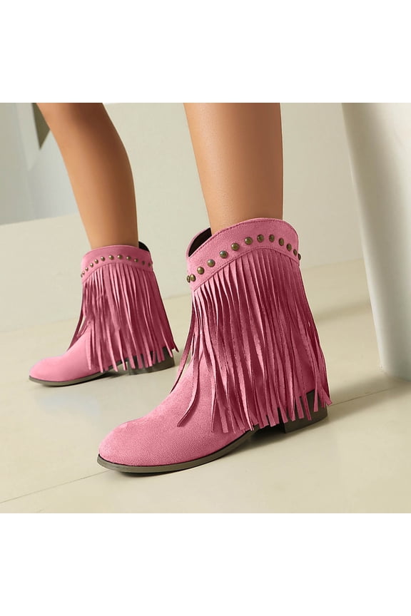 Womens Pink Fringe Boots - Western Boho Retro Style with Golden Studs, Soft Flock Material, Comfortable All-Day Wear, Size 36 - Ideal for Casual/Concert/Festival