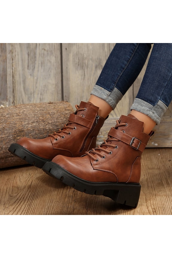 Womens Platform Combat Boots - Durable PU Faux Leather-Like with Side Zipper & Ankle Buckle, Brown, Size 36, All-Day Comfort for Casual/Street Style
