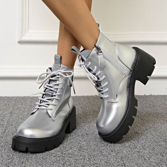 AVRNLIQ Womens Silver Chunky Platform Combat Boots - PU Upper, Lace-Up with Buckle, Size 36, Easy-Care, All-Day Comfort for Casual & Edgy Outfits