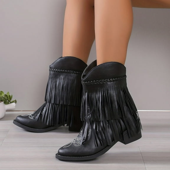 SUNVIT Womens Western Bohemian Fringe Boots - Black, Size 43, Comfortable PU, Pointed Toe with Toe Patterns, Ideal for Music Festivals & Daily Outings