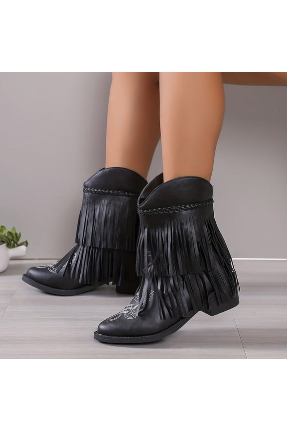 Womens Western Bohemian Fringe Boots - Black, Size 43, Comfortable PU, Pointed Toe with Toe Patterns, Ideal for Music Festivals & Daily Outings