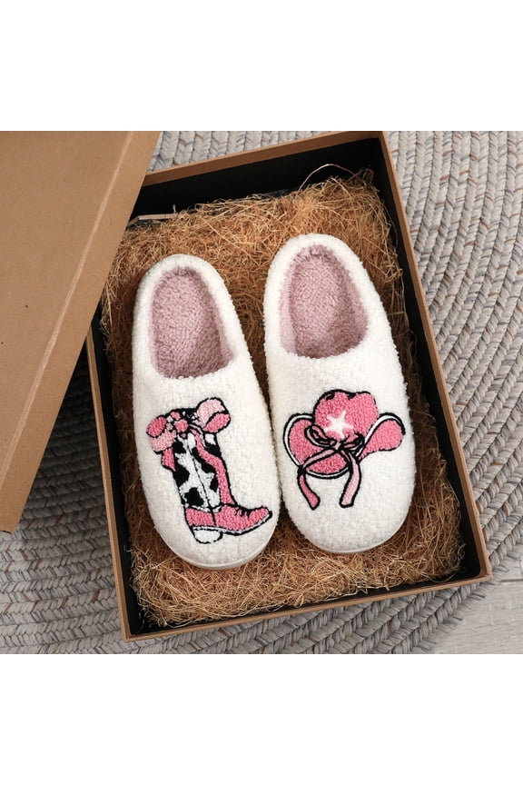 Womens Western Cowboy Plush Slippers - 100% Polyester White, Soft Warm Non-Slip Indoor Slippers with Boot & Hat Motif, Gift Boxed,Size 44