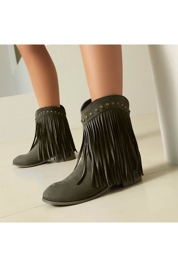 Womens Western Fringe Boots - Flock Material, Green Color, Size EU 36 (US 5), Retro Studded Design, Comfortable for All-Day Casual/Festival Wear