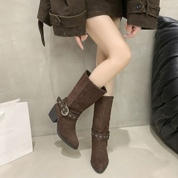 SUNVIT Womens Western-Inspired Mid-Calf Boots - Coffee, Size 37, High-Quality Flock Material, Chunky Heel, Comfortable for Daily Casual Wear