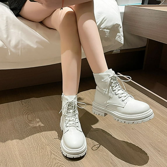 SUNVIT Womens White Chunky Platform Ankle Boots - Lace-Up PU Faux Leather, All-Day Comfort & Support, Size 43 - Casual Daily/Shopping/Office Wear for Trendy Women