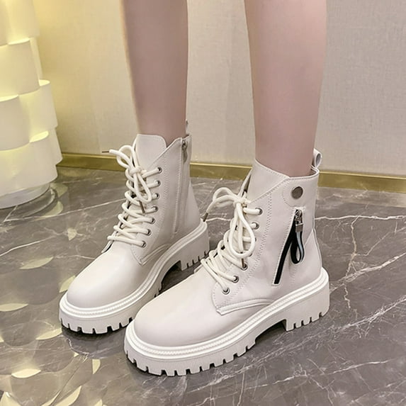 SUNVIT Womens White Combat Boots US 11 (EU 42) - High-Quality PU, Side Zipper & Lace-Up, Comfortable Durable for Casual Autumn Winter Wear