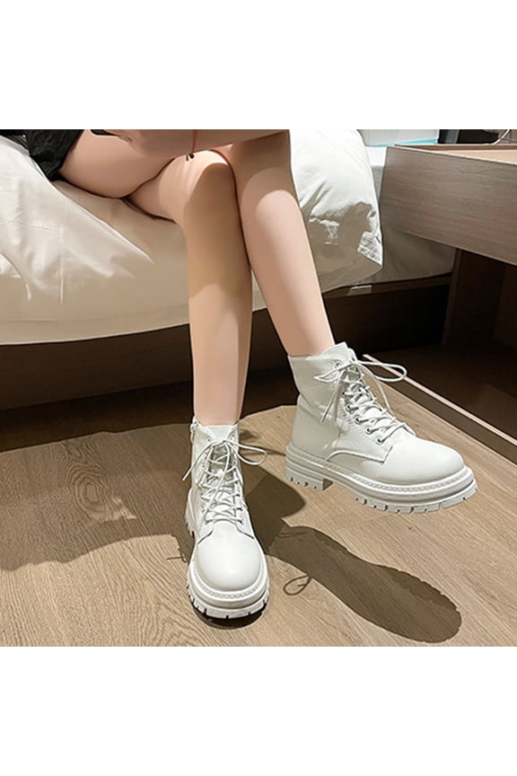 Womens White Lace-Up Ankle Boots - PU Faux Leather, Chunky Platform & All-Day Stability, Size 39 - Casual Daily/Shopping/Office Wear for Trendy Women