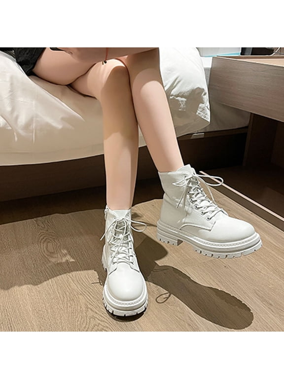 Womens White Lace-Up Ankle Boots - PU Faux Leather, Chunky Platform & All-Day Stability, Size 39 - Casual Daily/Shopping/Office Wear for Trendy Women