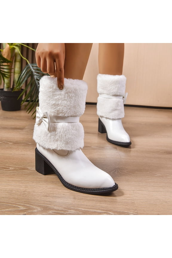 Womens White Mid-Calf Boots - Warm Plush Upper, Dual-Tone PU, Block Heel, Fold-Over Bow, Size 36 (US 5.5)