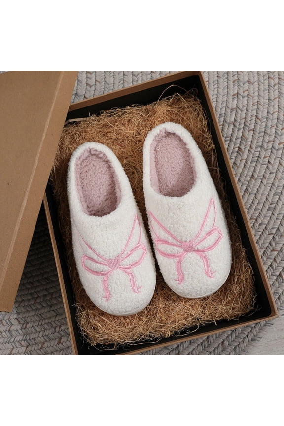 Womens White Pl-sh Mule Slippers with Pink Bow, 100% Polyester Warm Lining, Non-Slip Sole, Gift Box Ready for Fall/Winter,Size 42