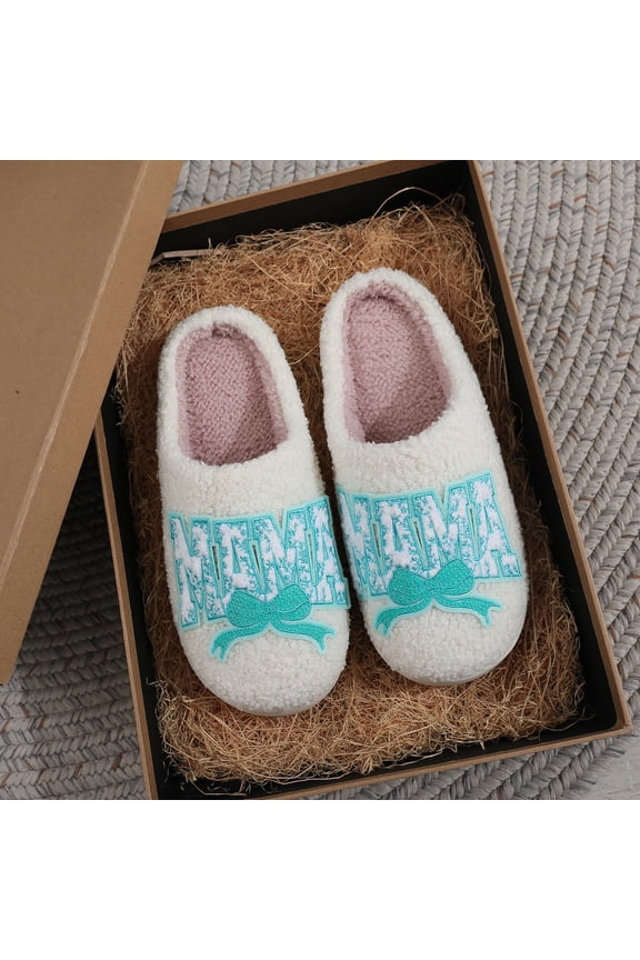 Womens White Pl-sh Slippers - MAMA Embroidered Turquoise Bow, Pink Fleece Lined, Cushioned Sole, Warm Indoor Slippers for Fall Winter, Gift for Mom (Sizes 36-44),Size 38