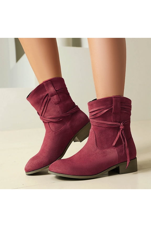 Womens Wine Mid Calf Flock Boots with Wrapped Straps & Tassels, Low Block Heel for Casual & Business Casual, Size 38